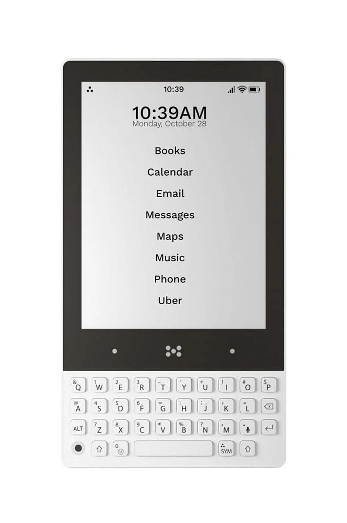 A white Minimal Phone with an e-paper display and physical QWERTY keyboard