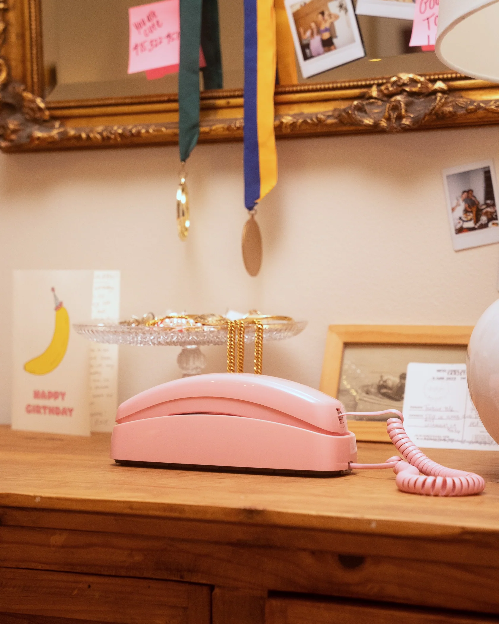 A pink landline-style Bluetooth phone from Physical Phones
