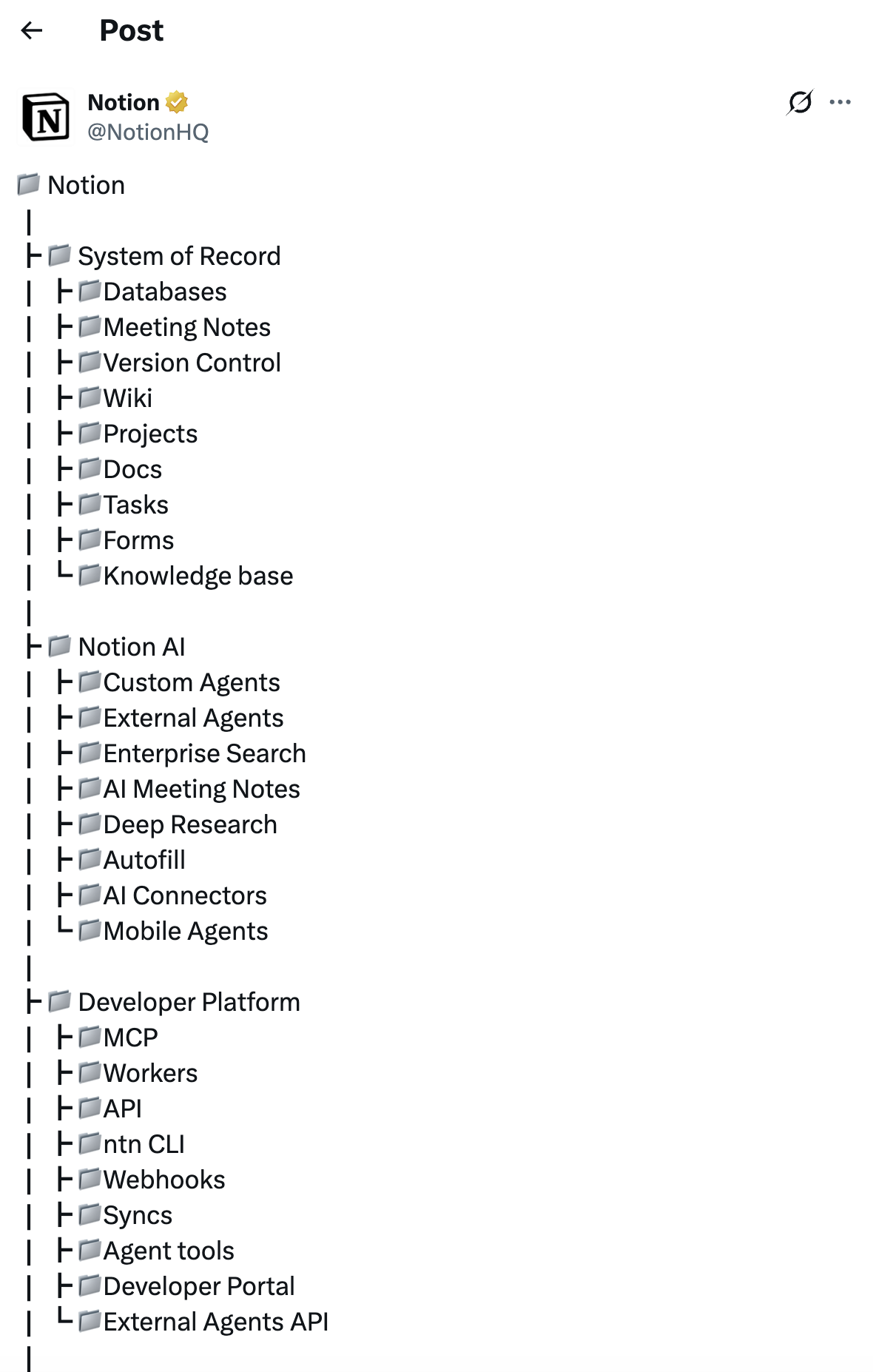 Notion's post showing a directory-style tree with System of Record, Notion AI, and Developer Platform branches.